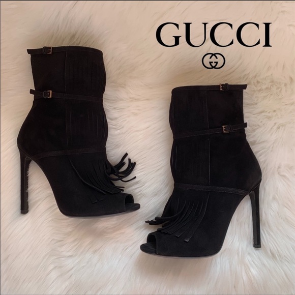 Gucci Shoes - Auth. GUCCI Becky Fringe Suede Open Toe Booties